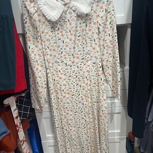 SHEIN Tan Long Sleeve Dress with Peter Pan Collar